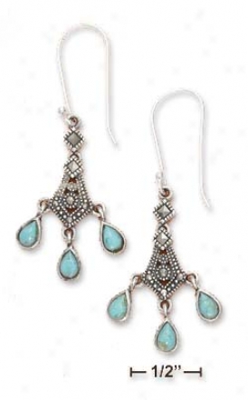 Ss Chandelier Marcasite Triple Turquoise Teardrop Earrings