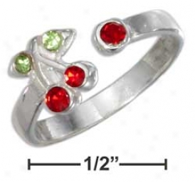 Ss Cherries With Red Green Crystals Open Wrap Toe Ring