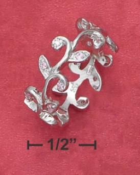 Ss Continuous Vine Ring With Pink Cz Leaves (appr. 8mm Wide)