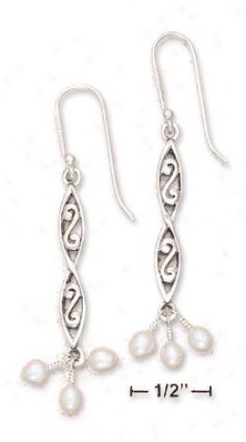Ss Double Scroll Design Earrings With Fw Pearl Dangles