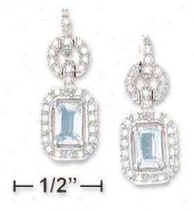 Ss Fancy Cz Post Dangle With Blue Topaz 6x4mm Earring