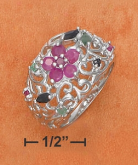 Ss Filigree Ruby Flower Ruby Emerald Sapphire Chips Ring