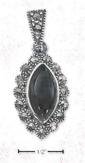 Ss Genuine Onyx Pendant With Saclloped Marcasite Border Bail