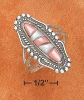 Ss Long Pink White Mop Inlay Ring With Roped Beaded Border