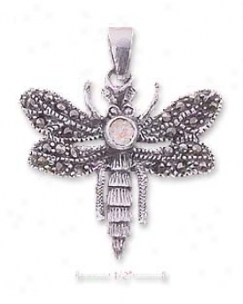 Ss Marcasite Dragonfly Pendant With Pink Cz ( Appr. 1 Inch)