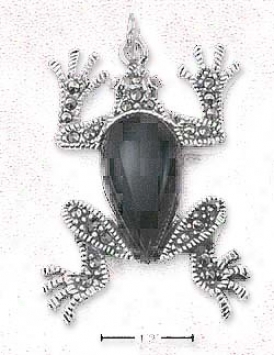 Ss Marcasite Frog Pendant With Genuine Onyx Body St0ne Eyes