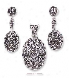 Ss Marcasite Heart Design Post Drop Earrings Pendant Set