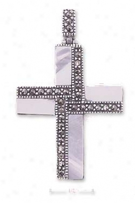 Ss Marcasite Mop Striped Cross Pendant (appr. 1 3/4 Inch)