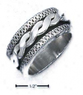 Ss Mens 11mm Rope Spinner Ring Criss-cross Textured Edges