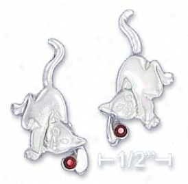 Ss Sprightly Kitty Post Earringx With Dangling Paw Red Cz Ball