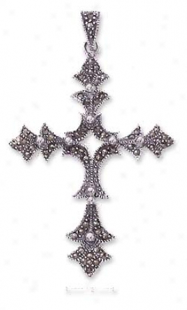 Ss Pointed Marcasite Cross Pendant With Beads - 2 1/2 Inch