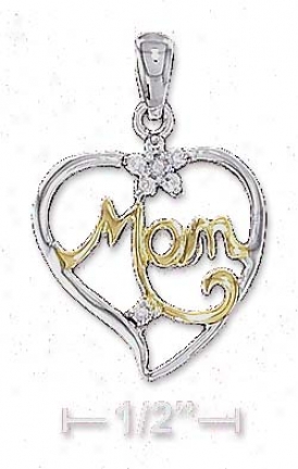 Ss Two-tone 17mm Mom Open Heart Hanging appendage With Cz Cz Flower