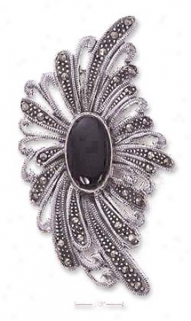 Genuine Silver 10 X 16mm Onyx Marcasite Bursting Flower Pin