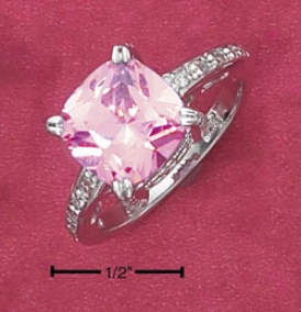 Sterling Silver 10mm Cushion Pink Cz Ring With Pave Shank