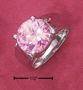 Sterling Silver 10mm Round Pink Cz On Tapreed Ring