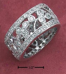 Sterling Silver 12mm Pave Cz Filigree Band Ring