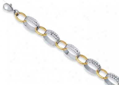 Sterling Silver 14k Diamond Matt Finish Bracelet - 7.5 Inch