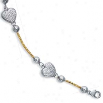 Sterling Silver 14k Heart Pearl Station Bracelet - 7.5 Inch