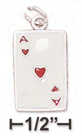 Sterling Silver 17mm EnamelA ce Of Hearts Card Charm