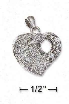 Sterilng Silver 17mm Pave Cz Heart Locket Pendant 5mm Hole