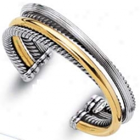Sterling Silver 18k Overlap Cuff Bangle Bracelet - 7.5 Inch