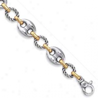Steriing Silver 18k Puffed Mariner Link Bracelet - 8 Inch