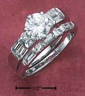 Sterling Silvery 2pc Set 7mm Cz With Bag Czs Baguette Cz Ring