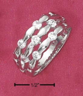 Sterling Silver 3 Row Scattered Small Large Cz Twpered Ring