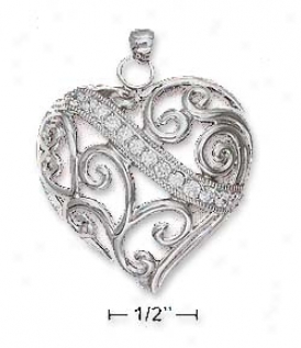 Sterling Silver 32mm Filigree Heart Pendant With Cz Banner