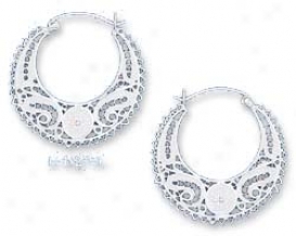 Sterling Silver 35mm Lacy Filigree Crescent Hoop Earrings