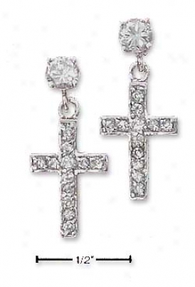 Sterling Silver 4mm Round Cz Post Earrings Cz Cross Dangles