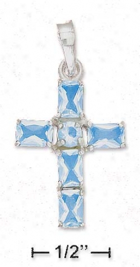 Sterling Silver 5 4x6mm Blue Cz Cross Pendant 4mm Center Cz