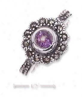 Sterling Soft and clear  5mm Round Amethyst Marcasite Limit Ring