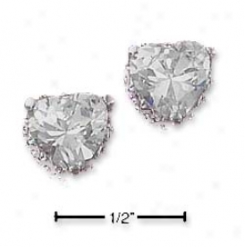 Sterling Silver 7mm Cz Heart Post Earrings With Fancy