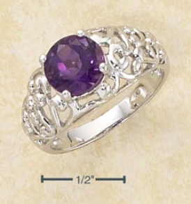 Sterling Silver 8mm Amethyst Stone Open Scroll Dome Ring