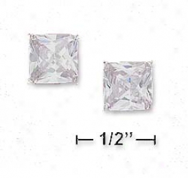 Sterling Silver 8mm Square Princess Cut Cz Post Earrings
