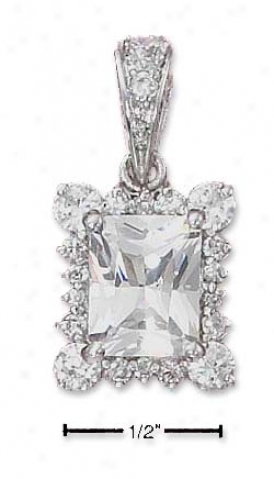 Sterling Silver 8x10mm Princess Cut Cz Cz Border Pendant