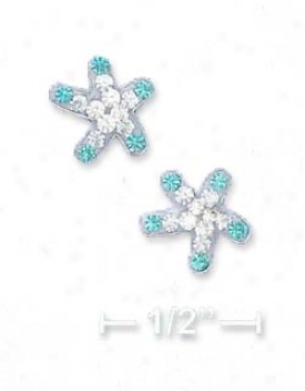 Sterling Silver 9mm Lt Blue White Crystal Star Post Earrings