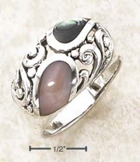 Sterling Silver Abalone Pink Shell Inlay Scrolled Dome Ring