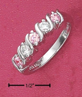 Genuine Silvery Alternatiny Pink And White Cz S Band Ring