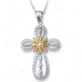 Sterling Silver And 14k Yellow Cross Pendant - 18 Inch