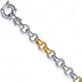 Sterling Silver And 14k Yelloww Link Spring Bracelet - 7.5 In