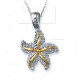Sterling Silver And 14k Yellow Starfish Pendant - 18 Inch