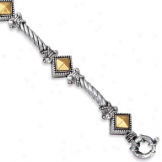 Genuine Silver And 18k Art Deco Spring Bracelet - 8 Inch