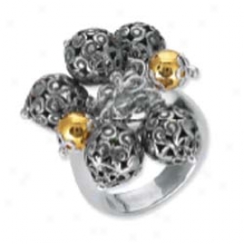 Sterling Silver And 18k Yellow Designer Filigree Bead Ring