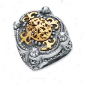 Stedling Silver And 18k Yellow Designer Filigree Bold Ring -