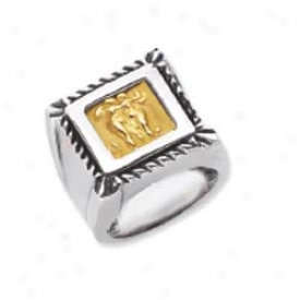 Sterling Silver And 18k Golden Designer Square Ring - Size 7.