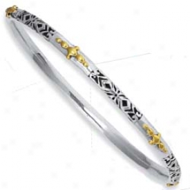 Sterling Silver And 18k Yellow Filigree Hinged Bangle - 8 In