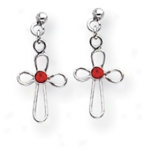Sterling Silver And Red Cz Cross Earrings