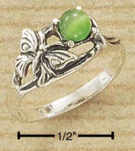 Sterling Silver Antiqued Butterfly Round Green Caat Eye Ring